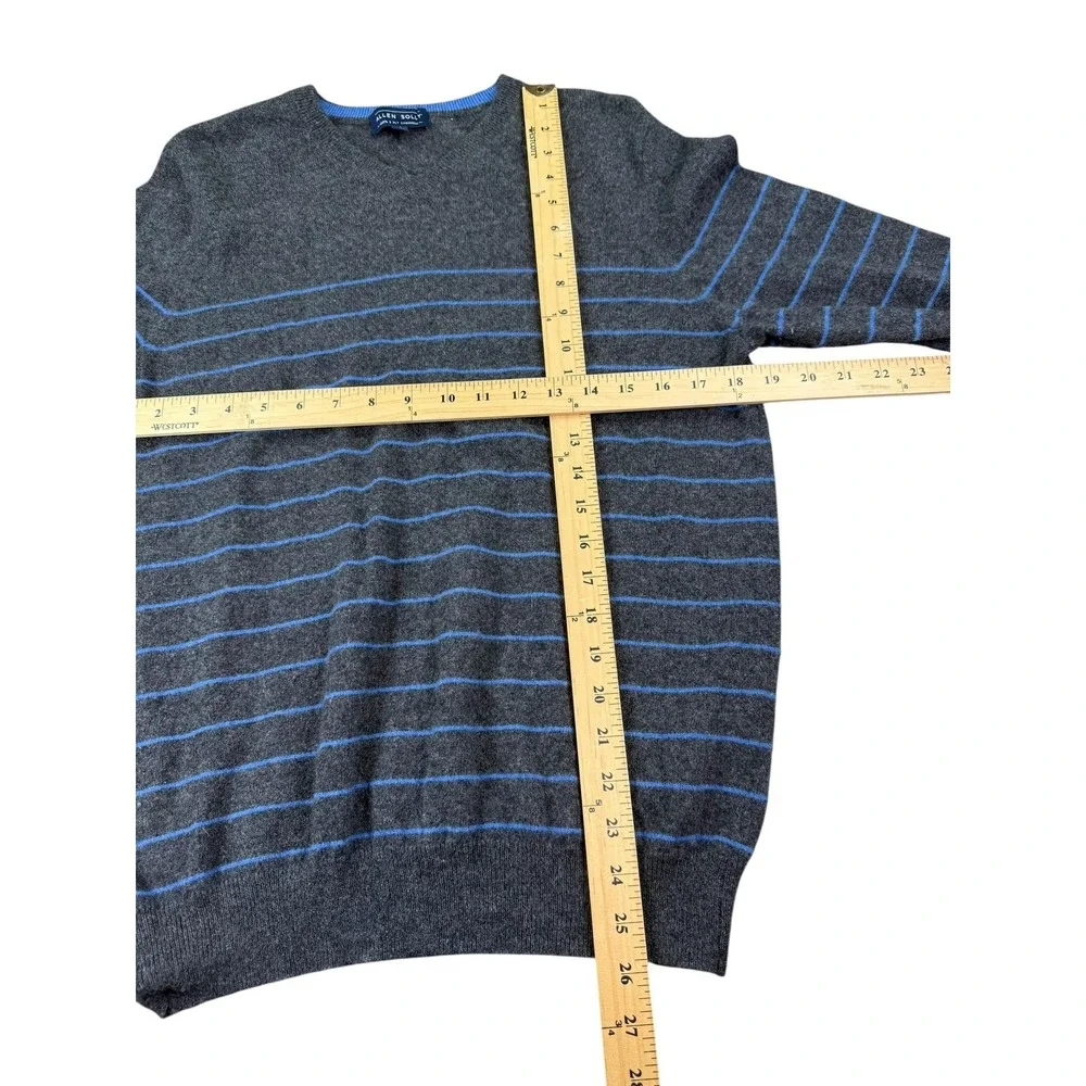 Allen Solly Sweater Mens Medium Gray Striped 100% 2-Ply Cashmere V Neck Pullover